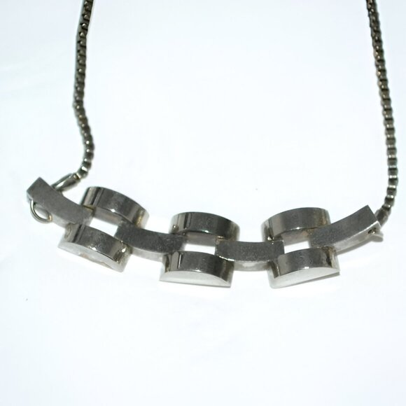 Vintage 70s 60's Retro Silver Sculpture Scallop Chunky Box Chain Necklace - Picture 3 of 9